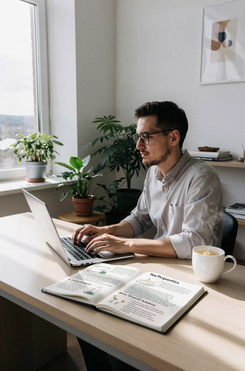 Skirtingų rūšių arbatų asortimentas su aiškiais aprašymais apie jų naudingas savybes.